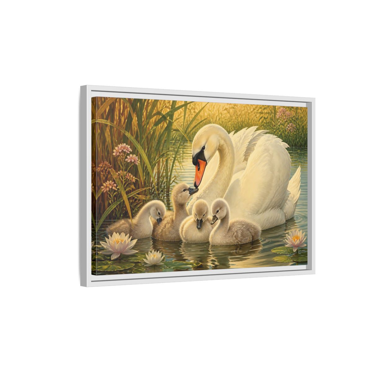 Side Mockup 1. Nature Swan Family White Swans Pond shown as stretched canvas wall art