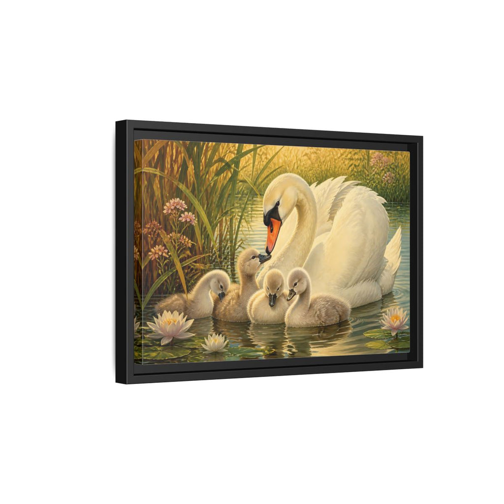 Side Mockup 6. Nature Swan Family White Swans Pond shown as stretched canvas wall art