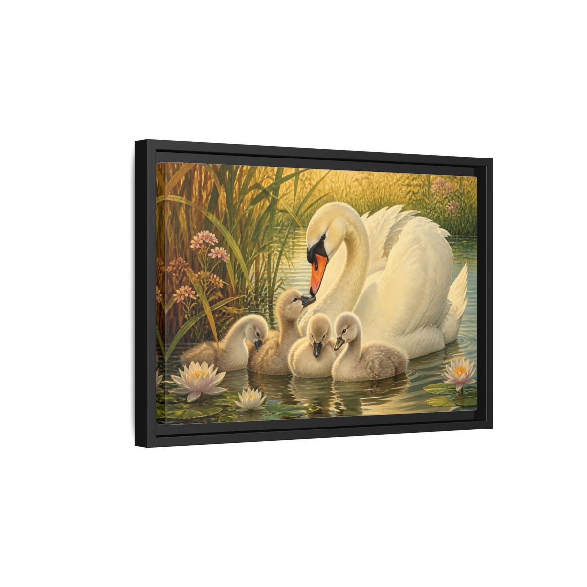 Side Mockup 6. Nature Swan Family White Swans Pond shown as stretched canvas wall art