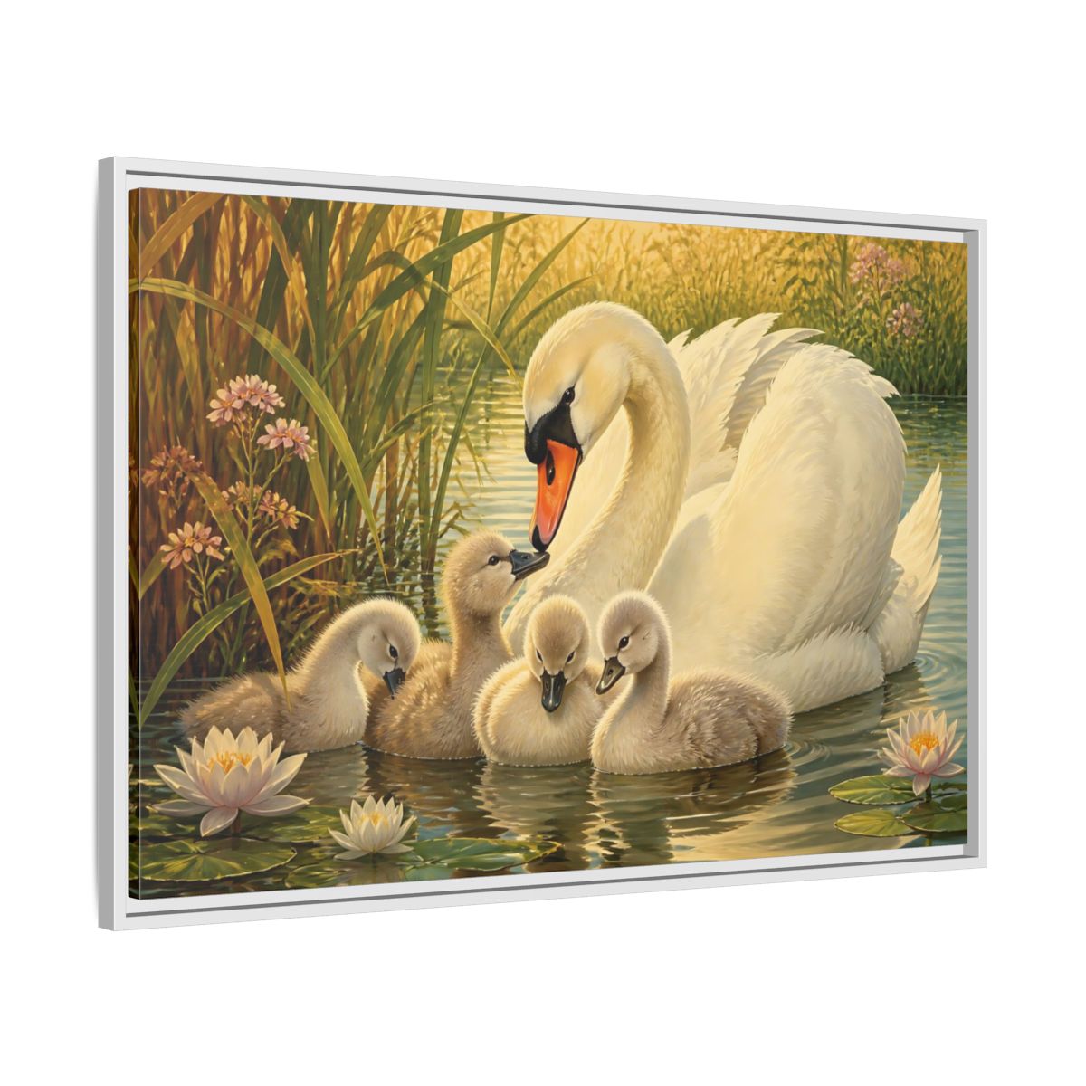 Side Mockup 9. Nature Swan Family White Swans Pond shown as stretched canvas wall art