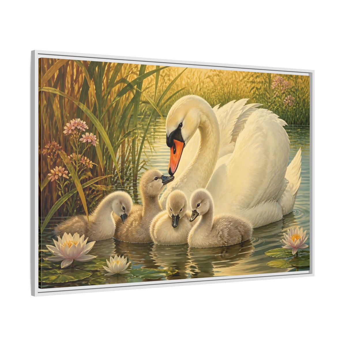 Side Mockup 7. Nature Swan Family White Swans Pond shown as stretched canvas wall art