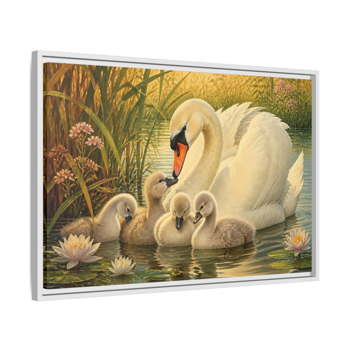 Side Mockup 10. Nature Swan Family White Swans Pond shown as stretched canvas wall art
