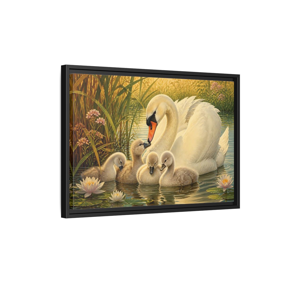 Side Mockup 3. Nature Swan Family White Swans Pond shown as stretched canvas wall art