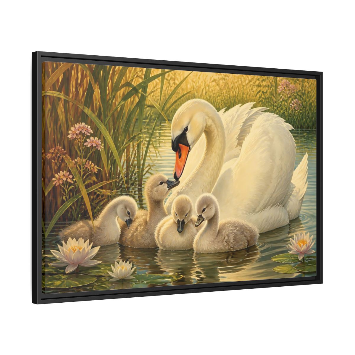 Side Mockup 13. Nature Swan Family White Swans Pond shown as stretched canvas wall art