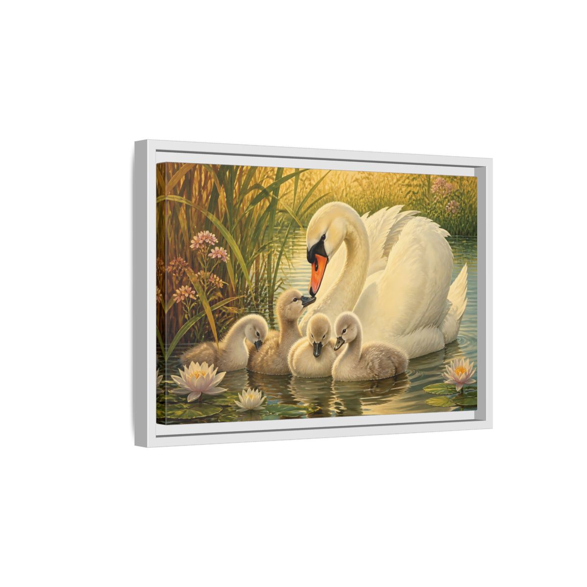 Side Mockup 4. Nature Swan Family White Swans Pond shown as stretched canvas wall art