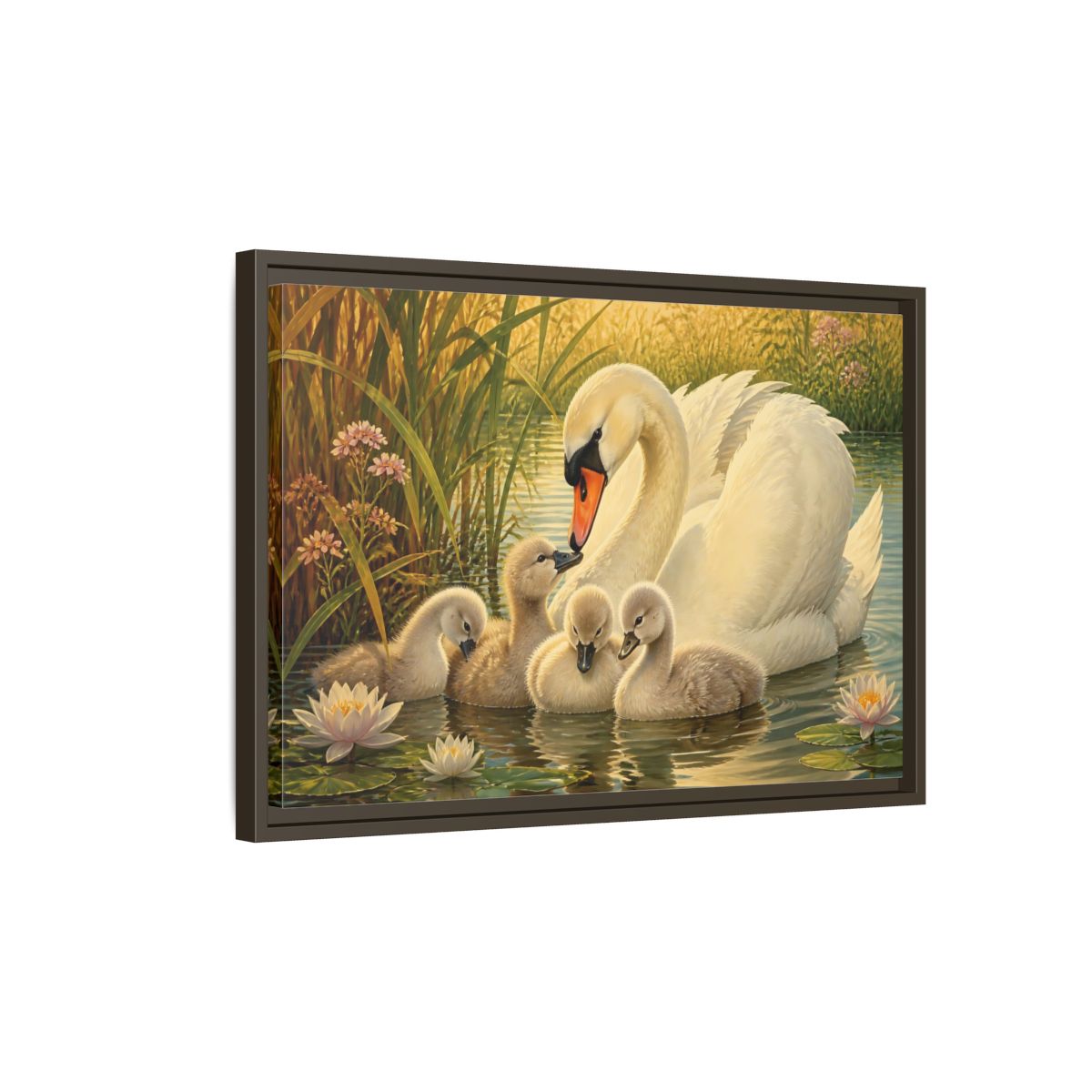 Side Mockup 2. Nature Swan Family White Swans Pond shown as stretched canvas wall art