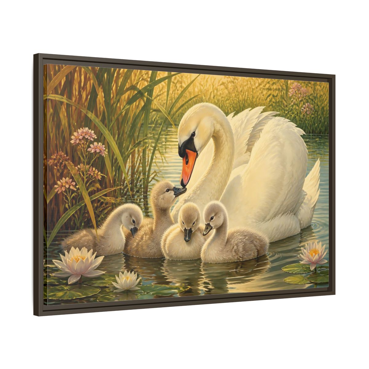 Main Mockup. Nature Swan Family White Swans Pond shown as stretched canvas wall art