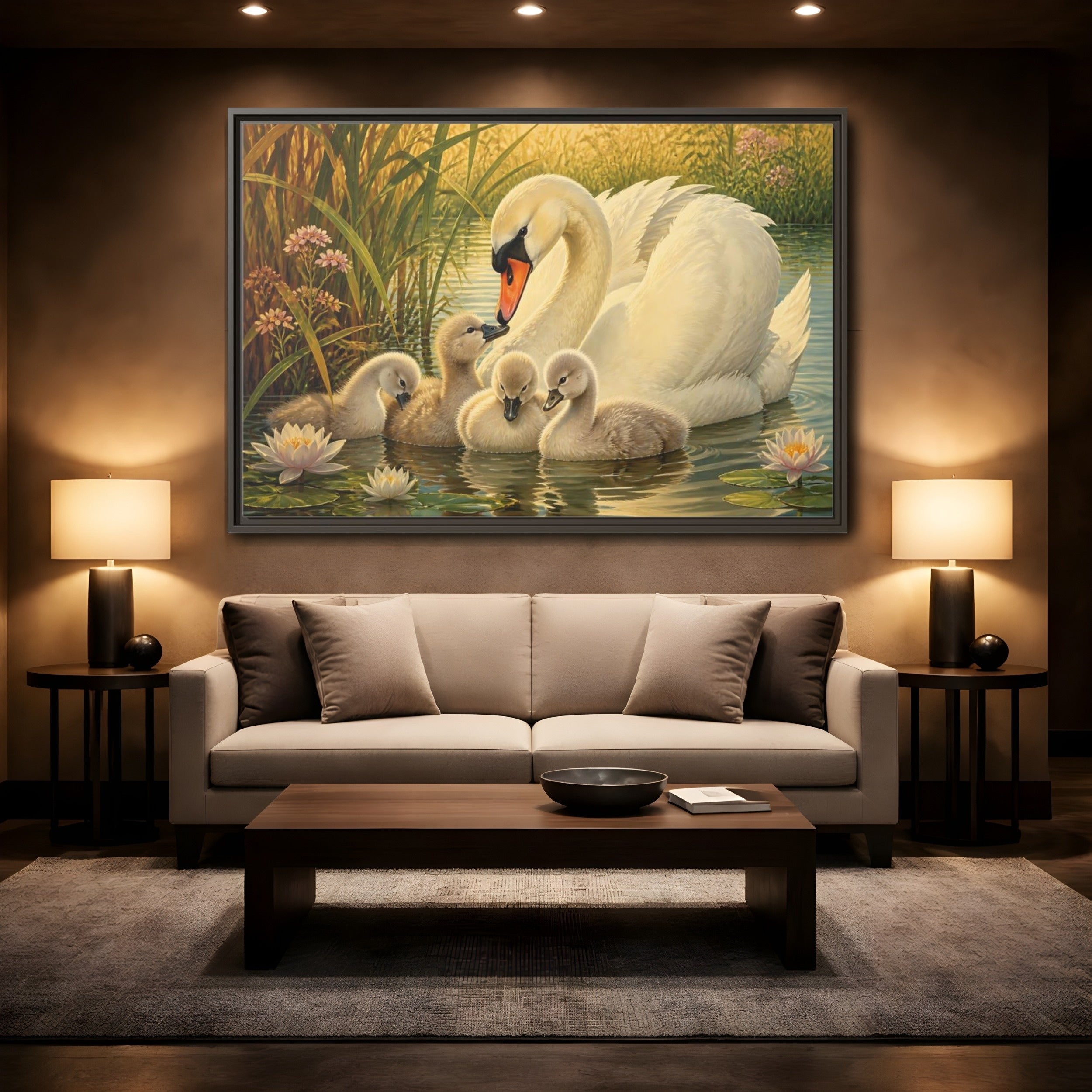 Mockup 2. Nature Swan Family White Swans Pond shown as stretched canvas wall art