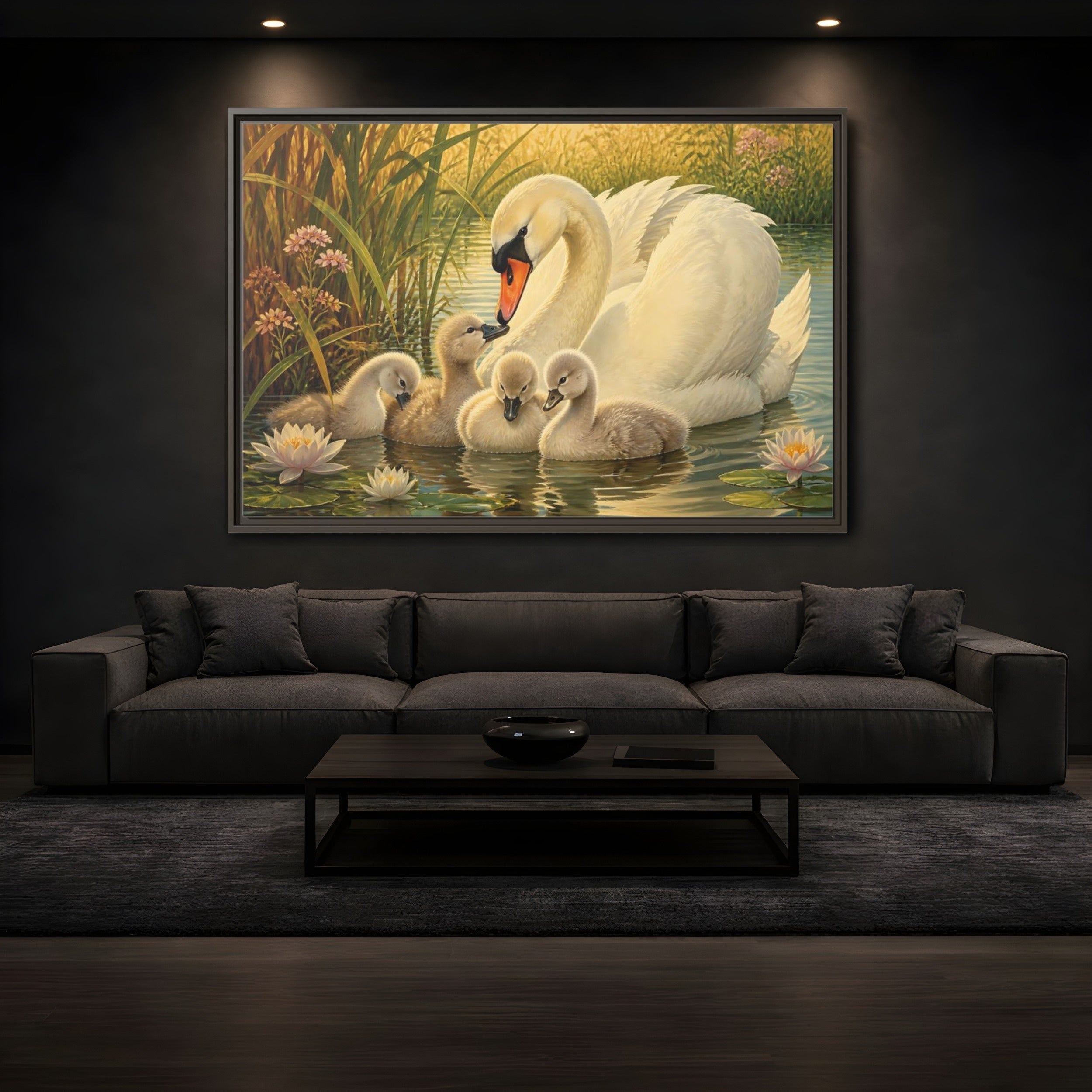 Mockup 3. Nature Swan Family White Swans Pond shown as stretched canvas wall art