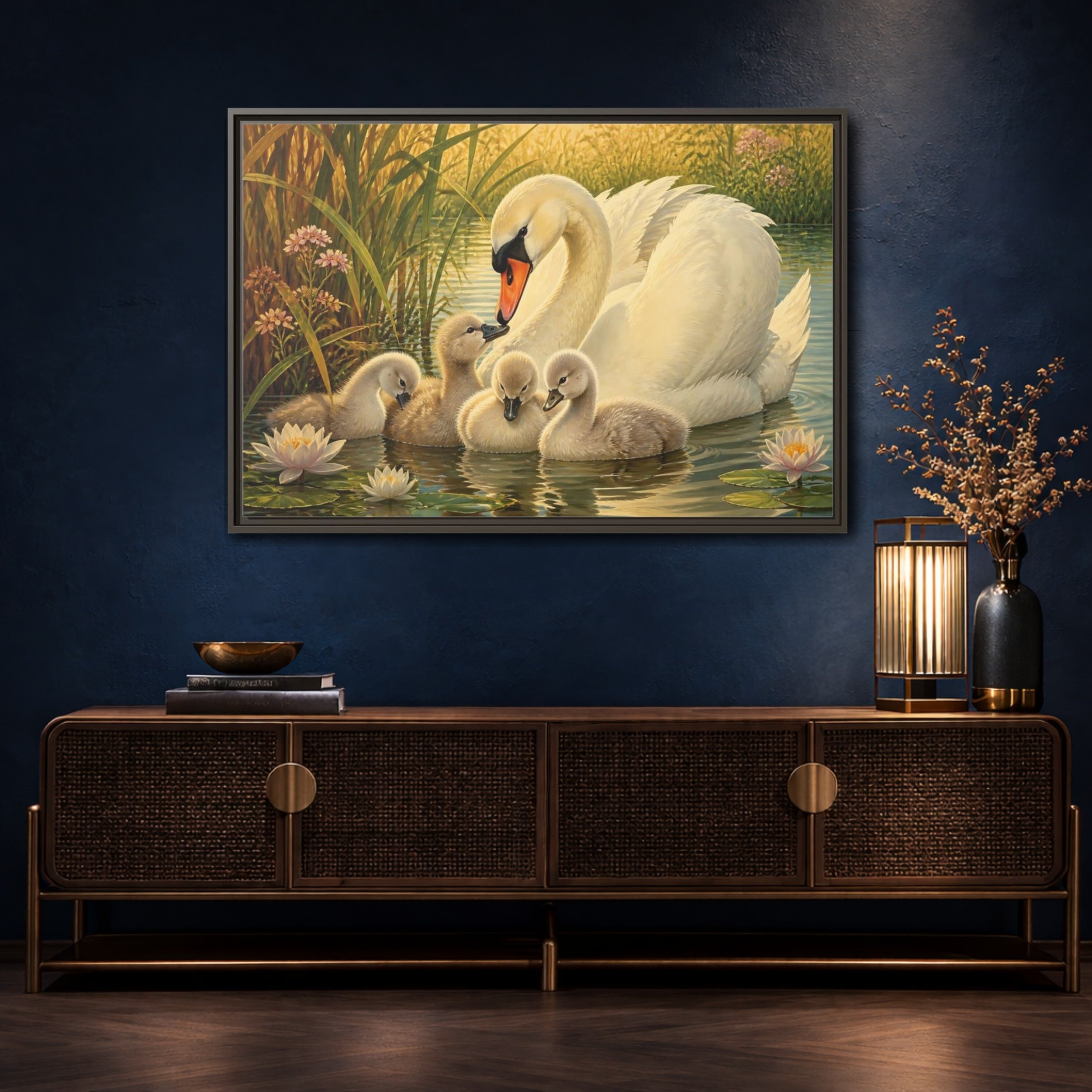 Mockup 4. Nature Swan Family White Swans Pond shown as stretched canvas wall art