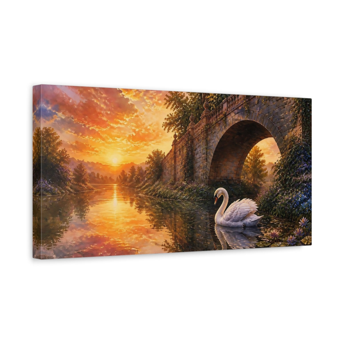 Side Mockup 3. Nature Swan Sunset Swan shown as stretched canvas wall art