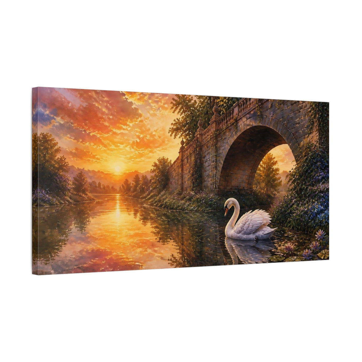 Side Mockup 1. Nature Swan Sunset Swan shown as stretched canvas wall art