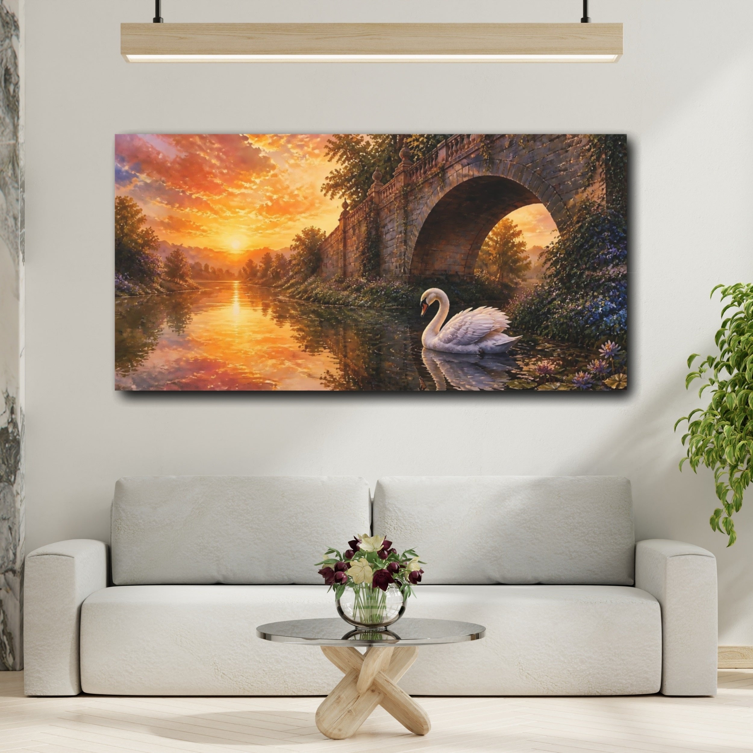Mockup 2. Nature Swan Sunset Swan shown as stretched canvas wall art