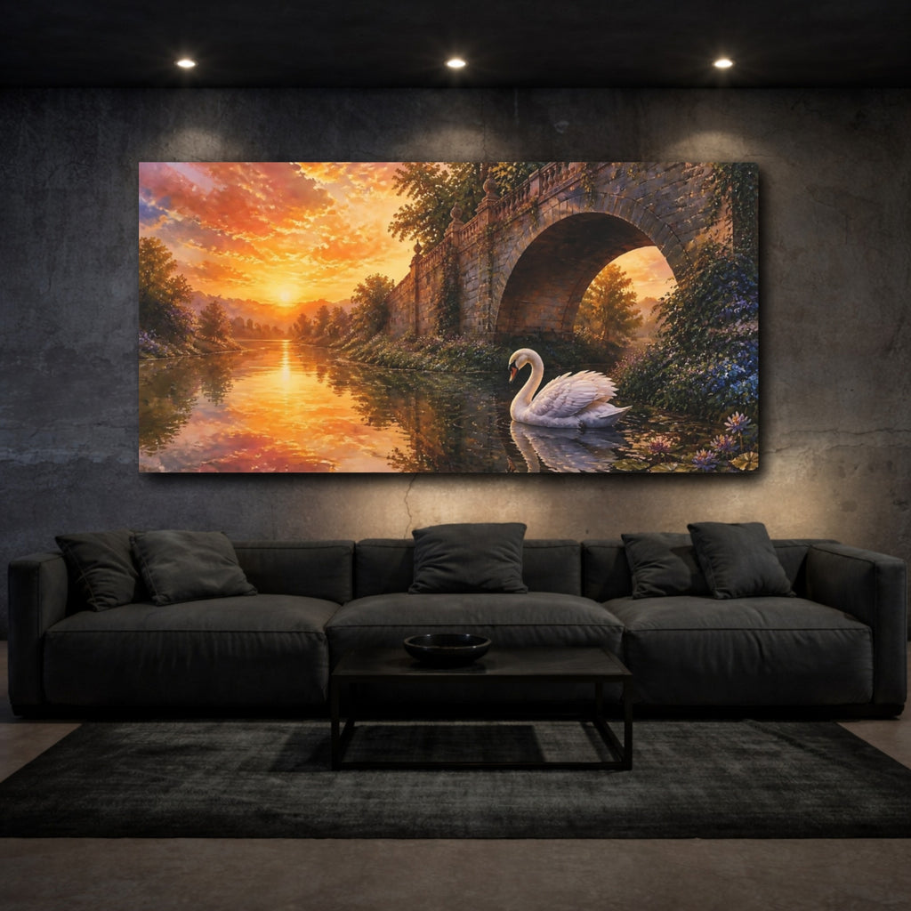 Mockup 3. Nature Swan Sunset Swan shown as stretched canvas wall art