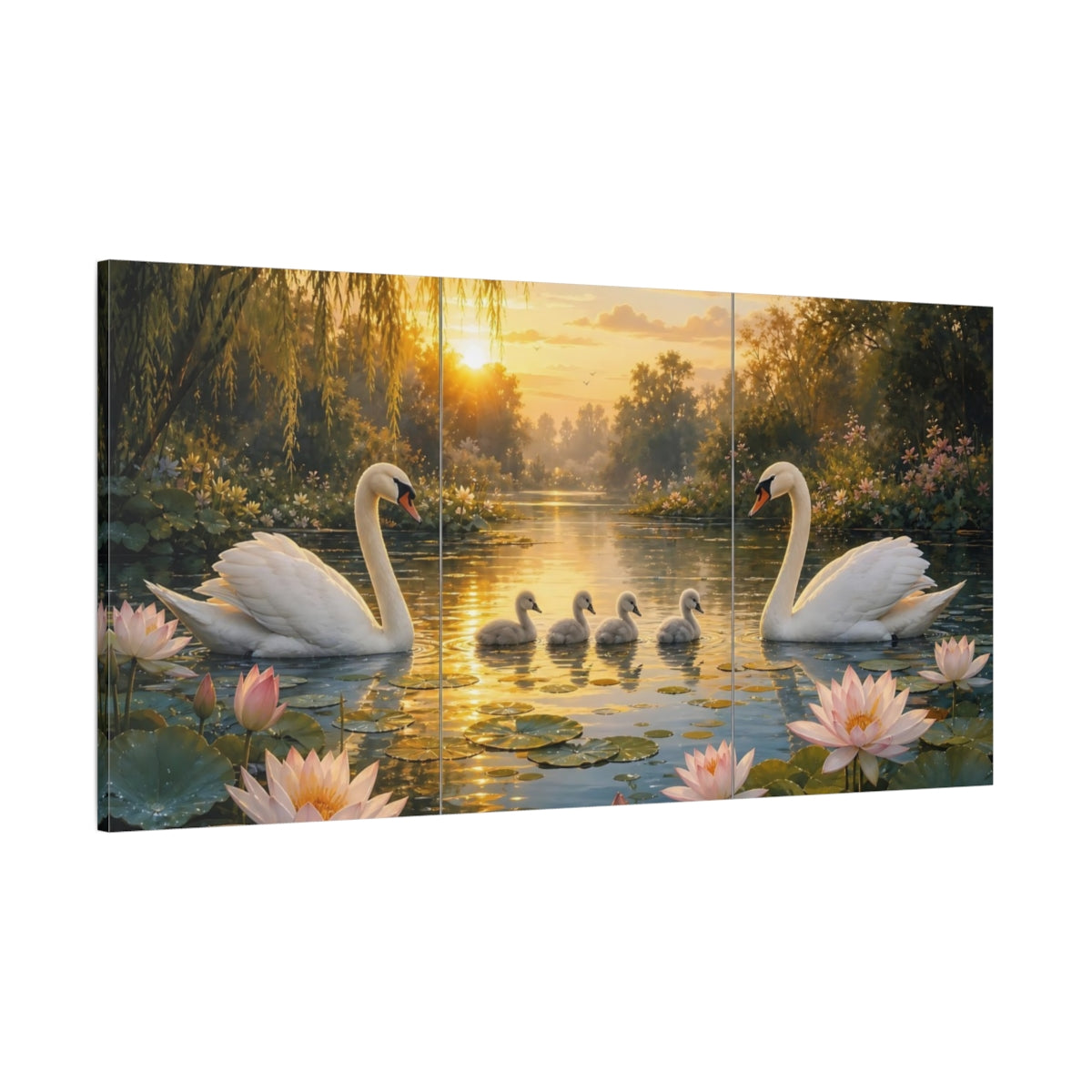 Side Mockup 2. Nature Swans Golden Sunset Swans shown as stretched canvas wall art