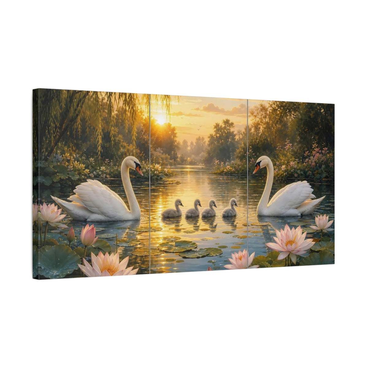 Side Mockup 1. Nature Swans Golden Sunset Swans shown as stretched canvas wall art