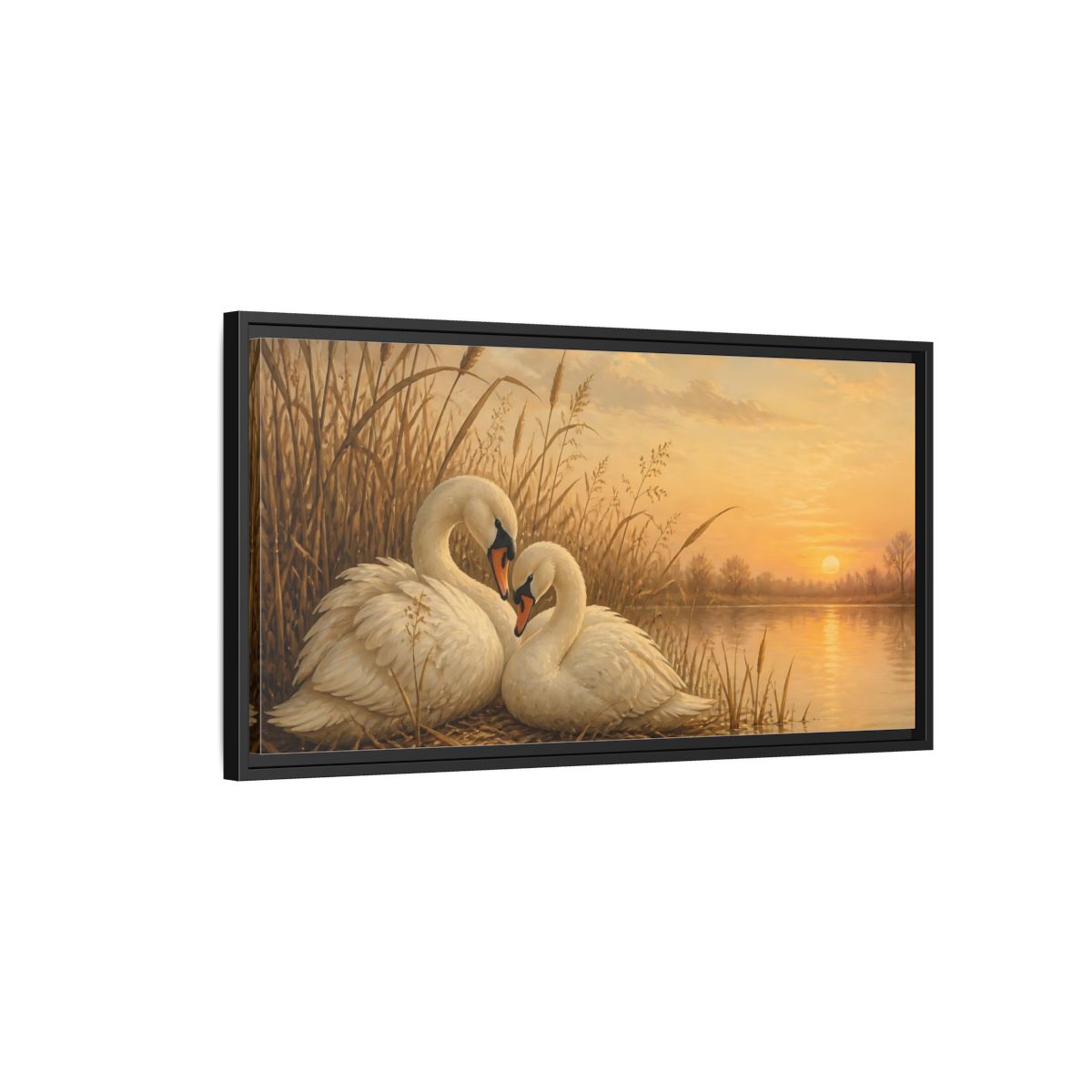 Side Mockup 2. Nature Swans Golden Sunset Swans shown as stretched canvas wall art