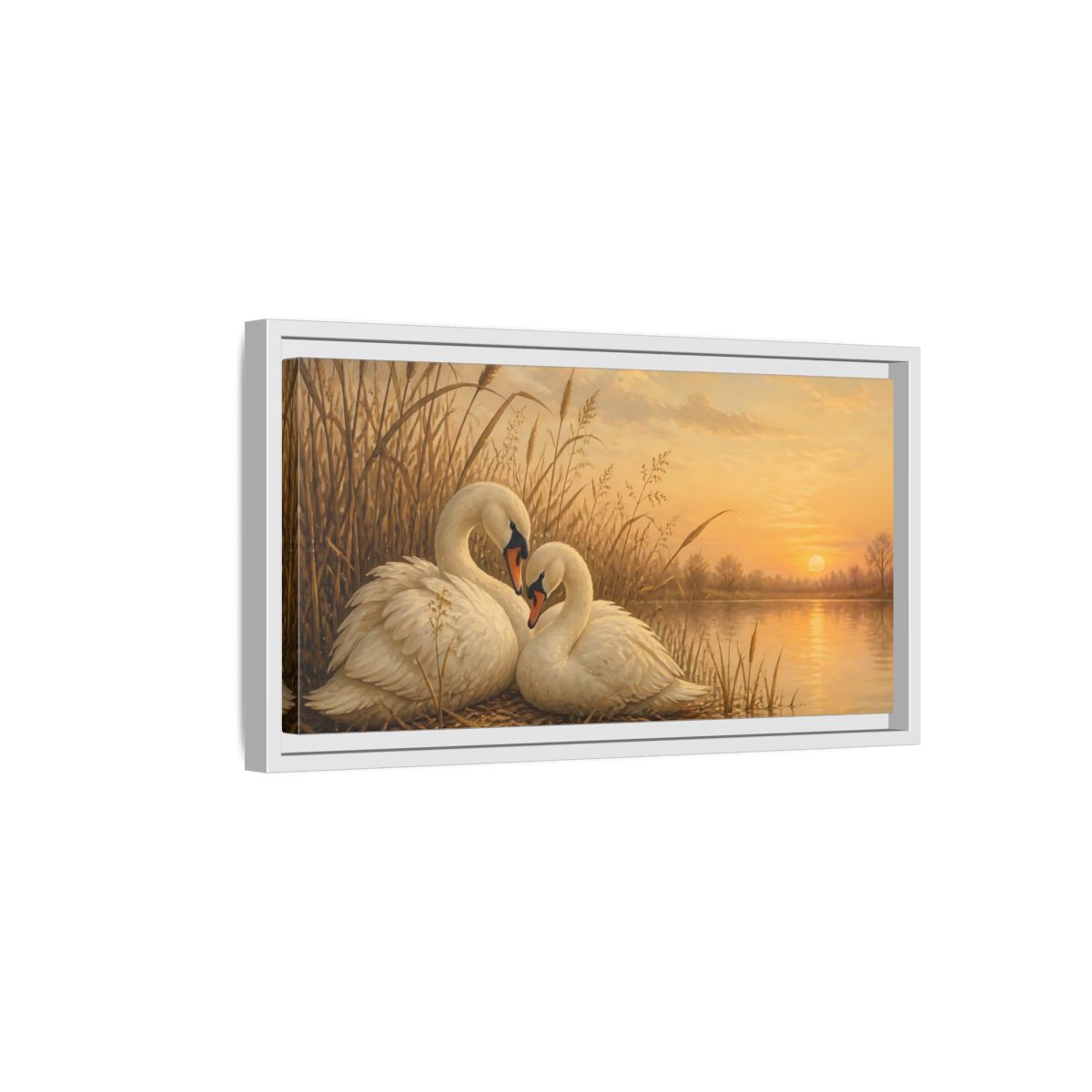 Side Mockup 6. Nature Swans Golden Sunset Swans shown as stretched canvas wall art