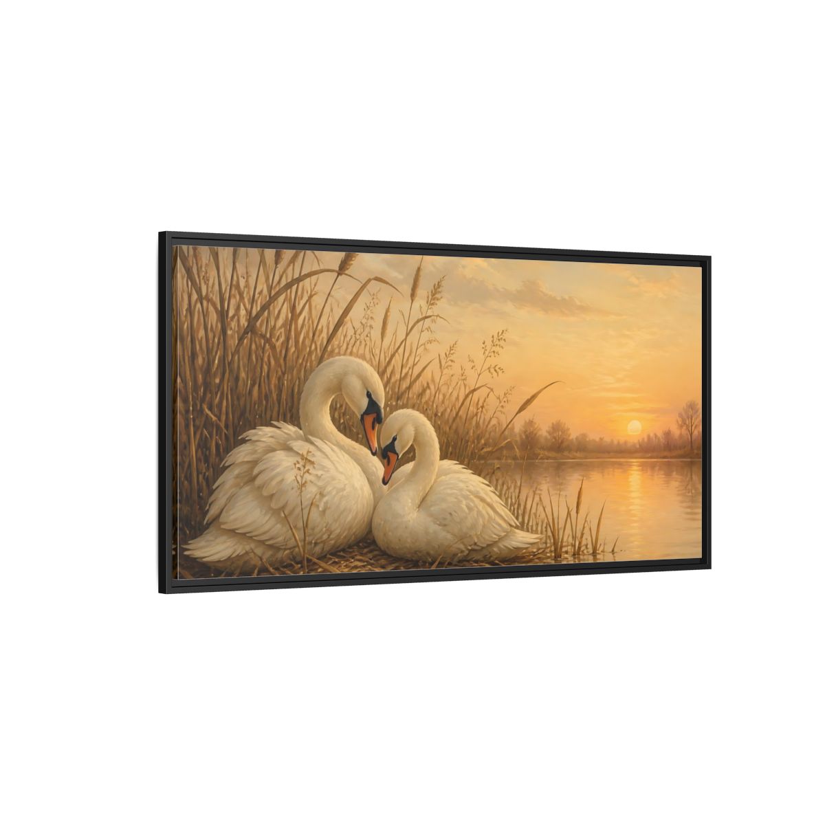 Side Mockup 5. Nature Swans Golden Sunset Swans shown as stretched canvas wall art