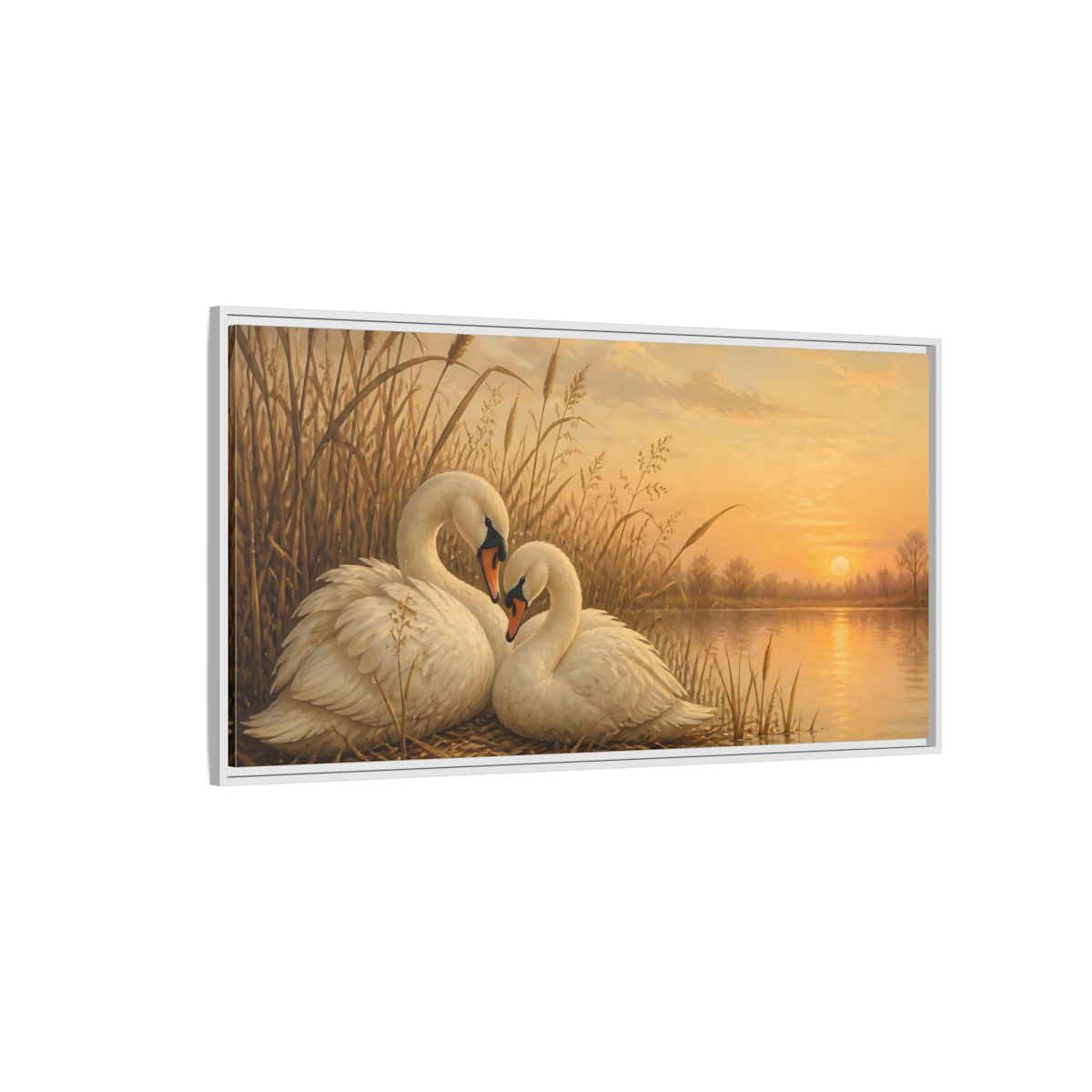 Side Mockup 3. Nature Swans Golden Sunset Swans shown as stretched canvas wall art
