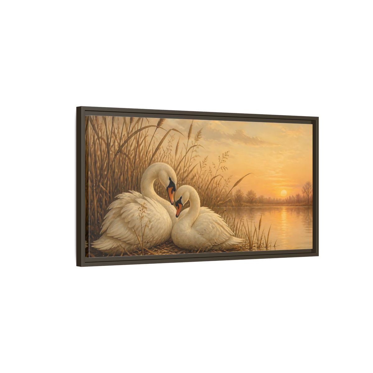 Main Mockup. Nature Swans Golden Sunset Swans shown as stretched canvas wall art