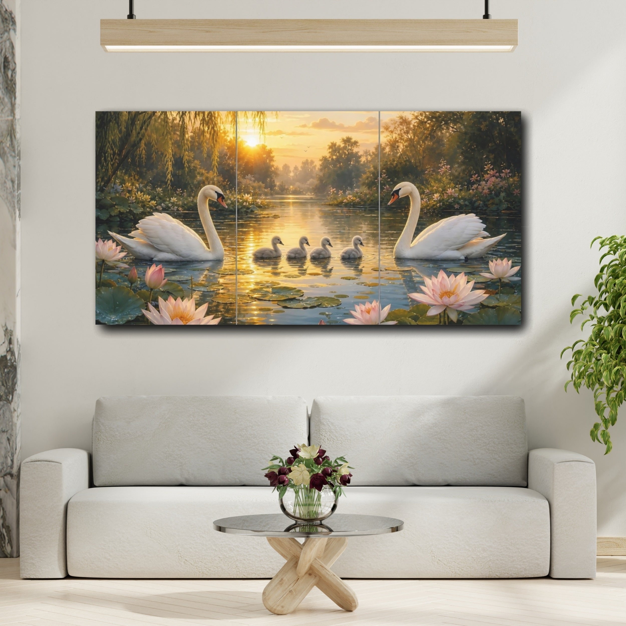 Mockup 2. Nature Swans Golden Sunset Swans shown as stretched canvas wall art