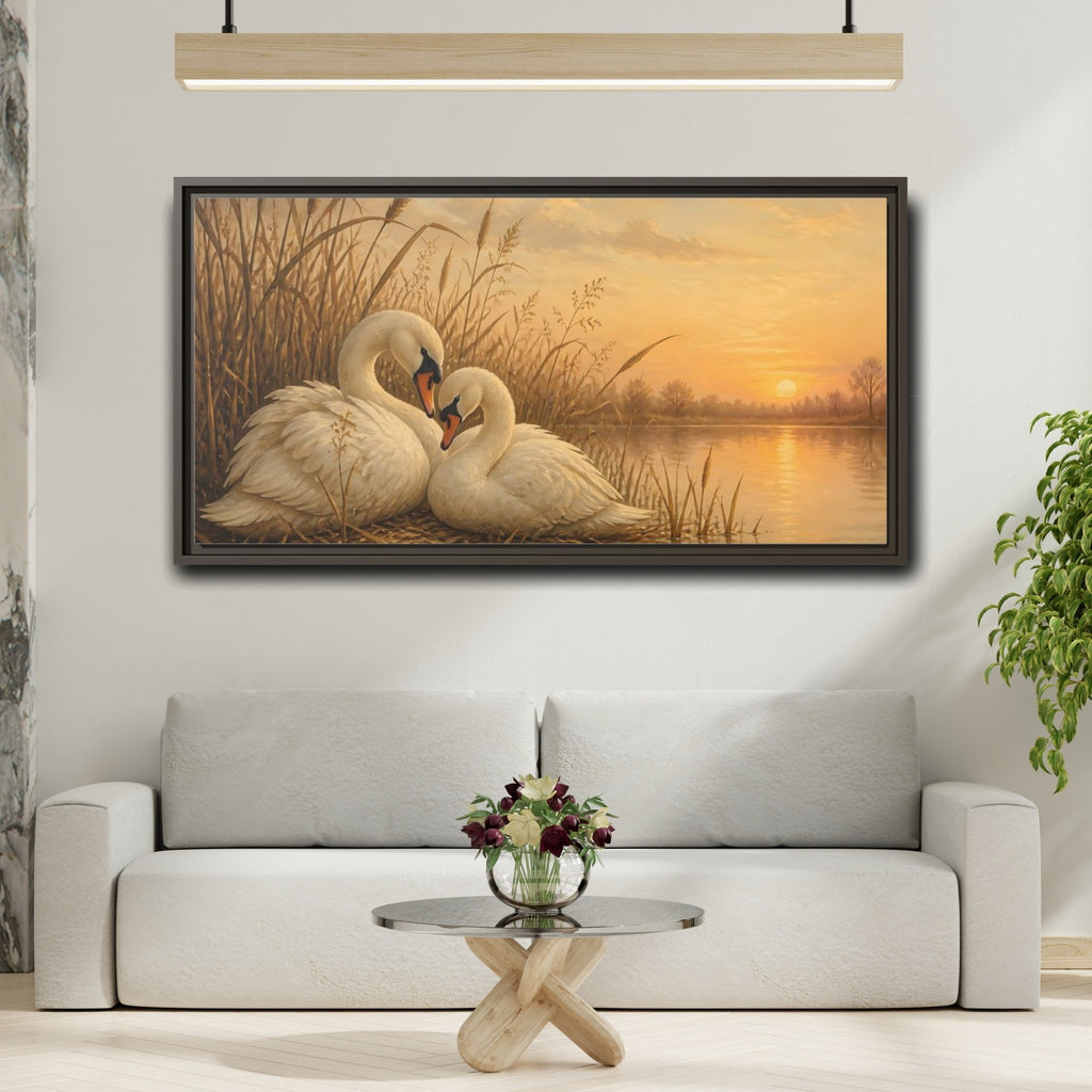 Mockup 2. Nature Swans Golden Sunset Swans shown as stretched canvas wall art