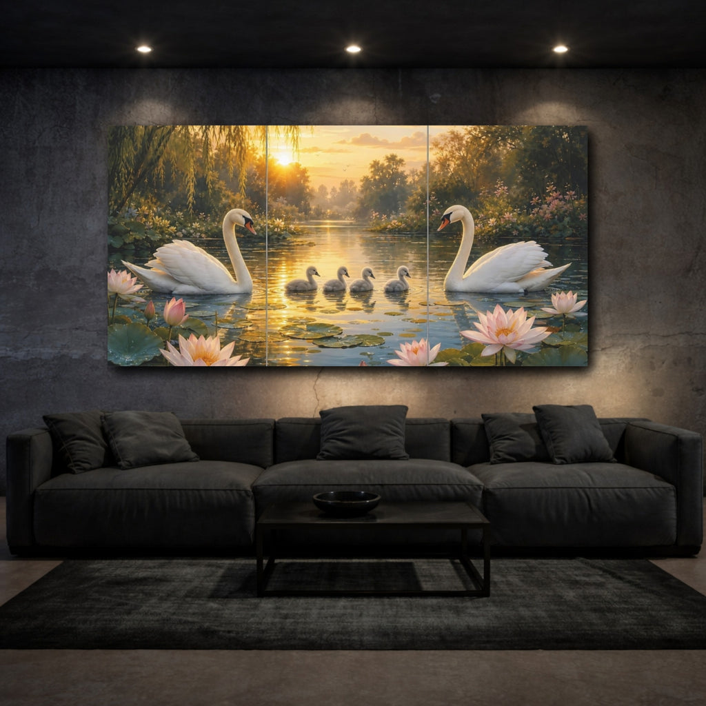 Mockup 3. Nature Swans Golden Sunset Swans shown as stretched canvas wall art