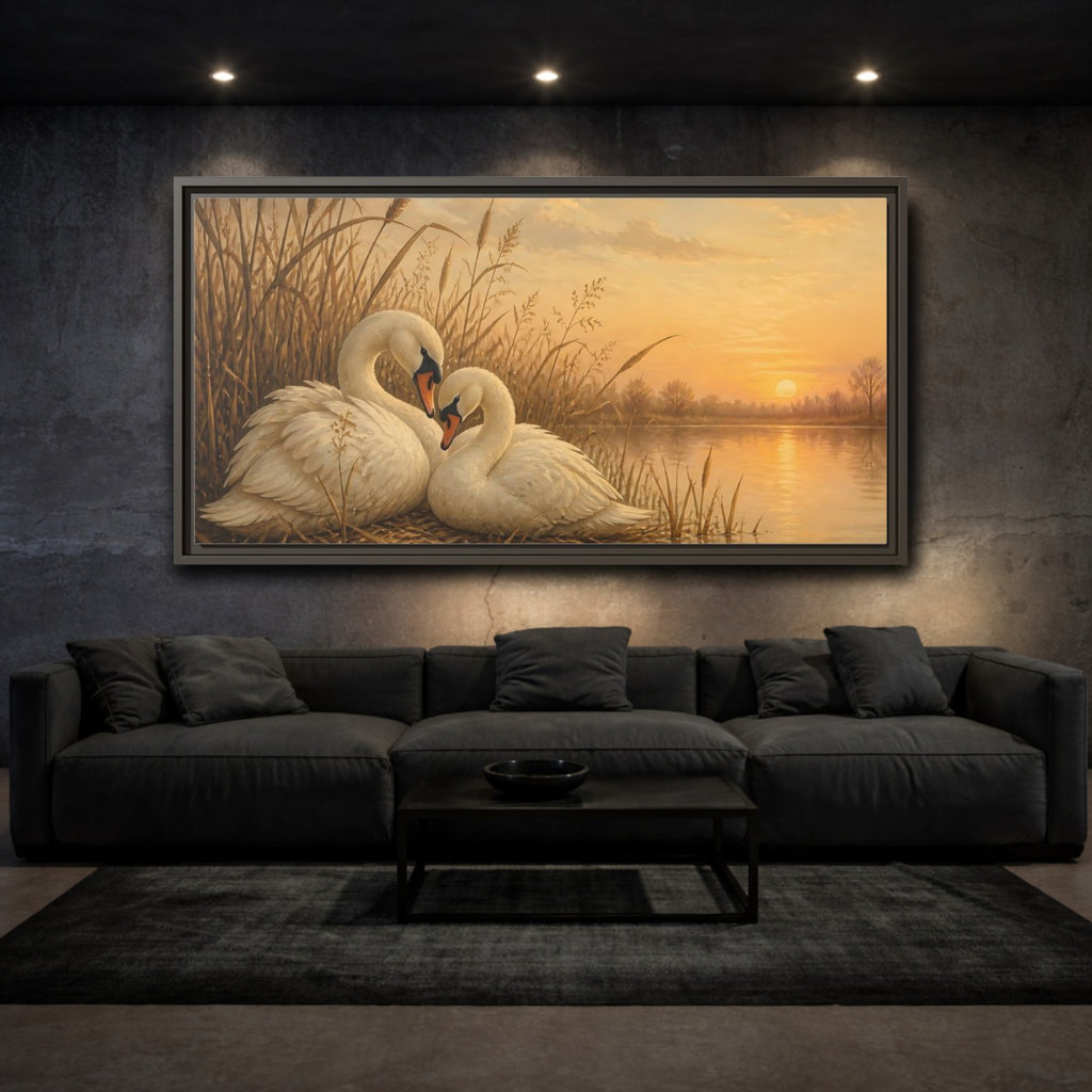 Mockup 3. Nature Swans Golden Sunset Swans shown as stretched canvas wall art
