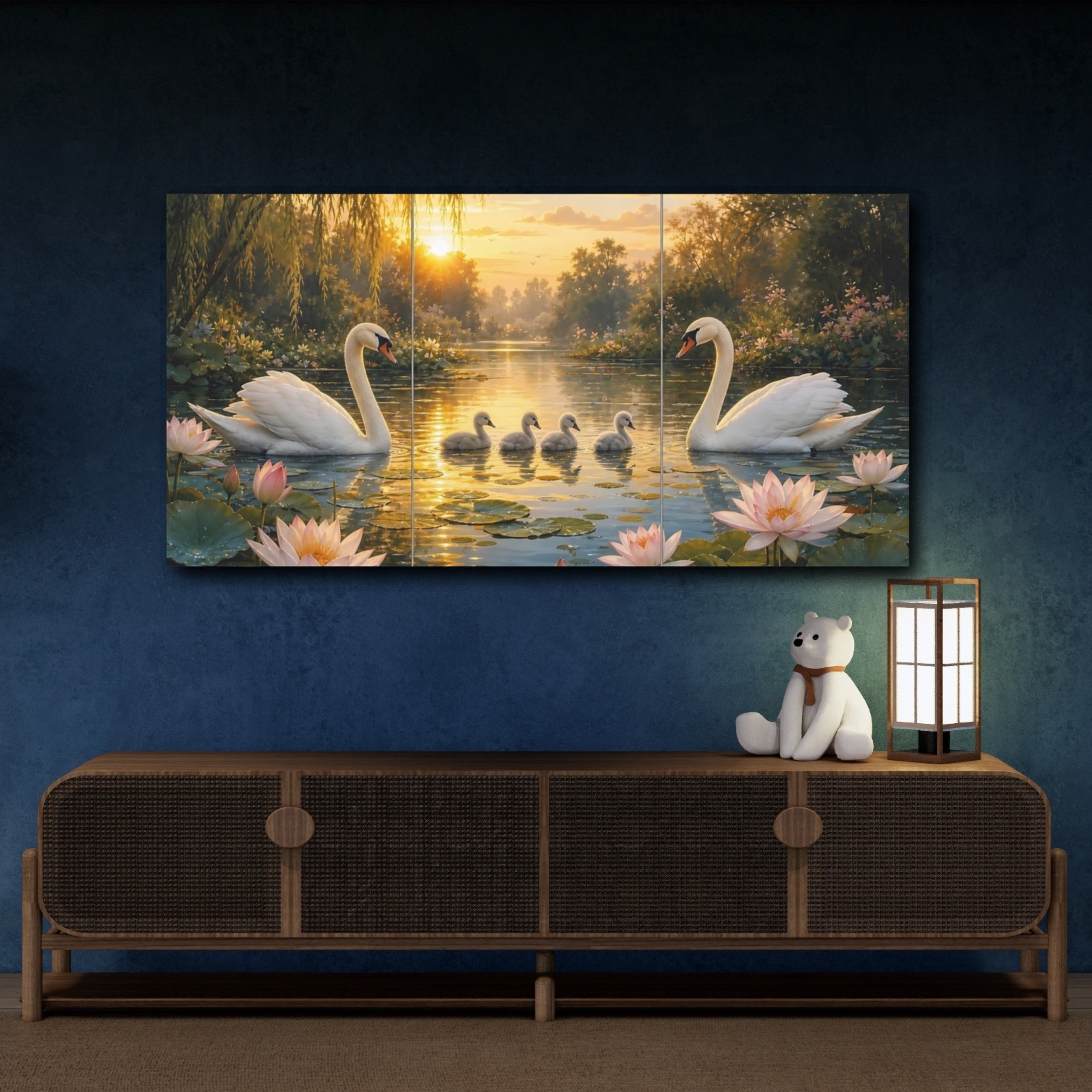 Mockup 4. Nature Swans Golden Sunset Swans shown as stretched canvas wall art