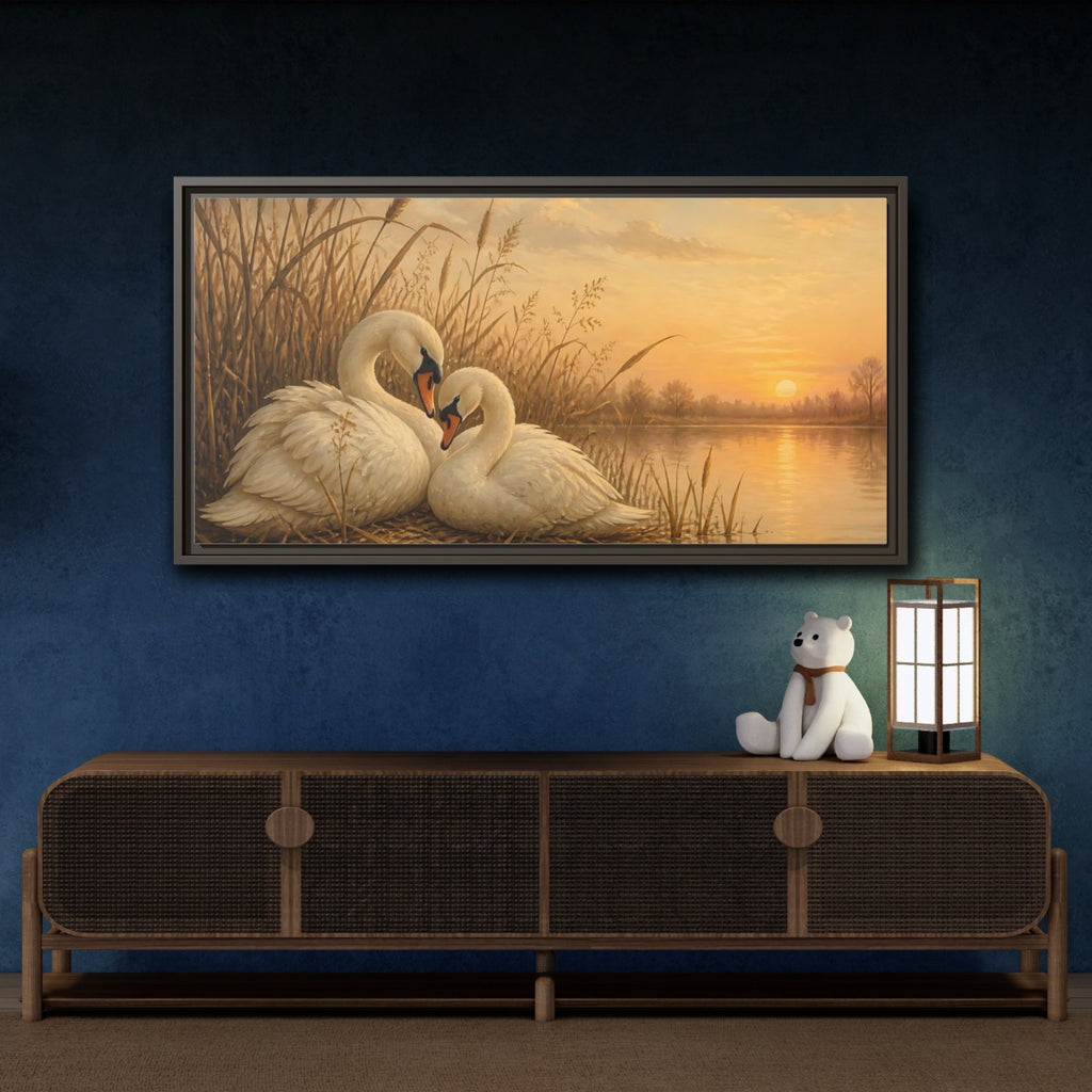 Mockup 4. Nature Swans Golden Sunset Swans shown as stretched canvas wall art