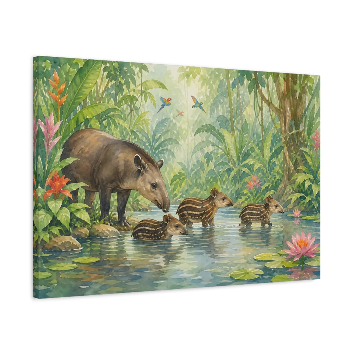 Side Mockup 2. Nature Tapirs Green Jungle Tapir shown as stretched canvas wall art