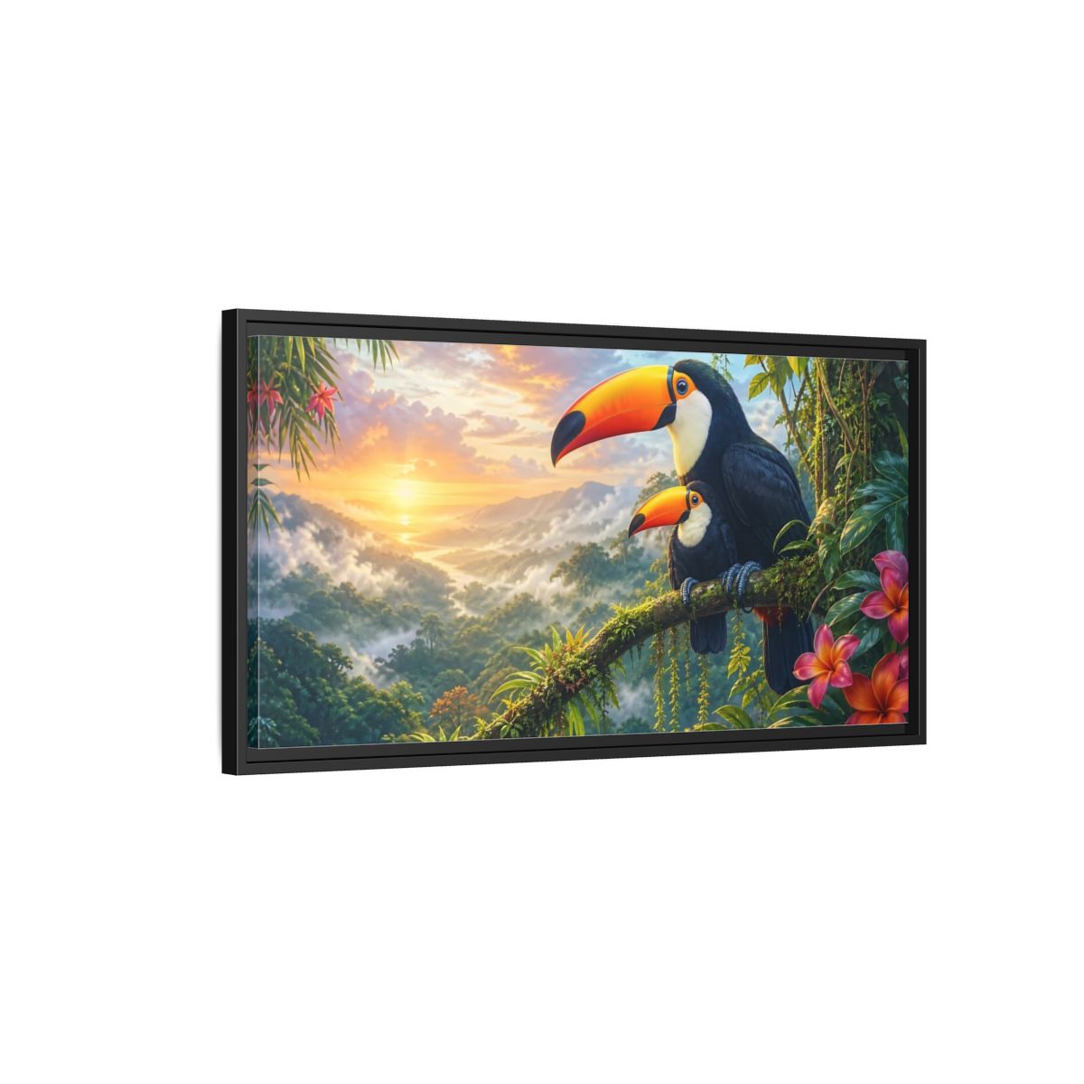 Side Mockup 2. Nature Toucans Tropical Toucans shown as stretched canvas wall art