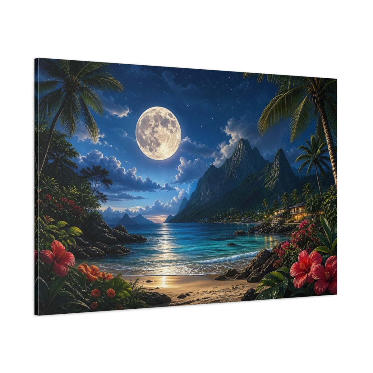 Side Mockup 1. Nature Tropical Beach Moonlit Tropical Beach shown as canvas print