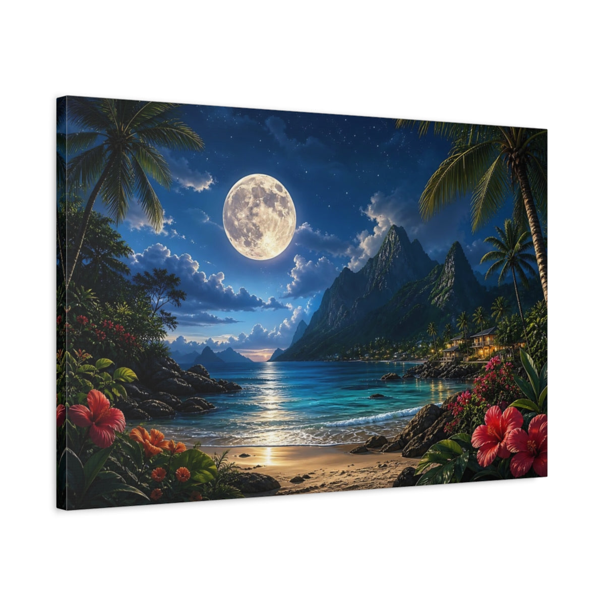 Side Mockup 2. Nature Tropical Beach Moonlit Tropical Beach shown as canvas print