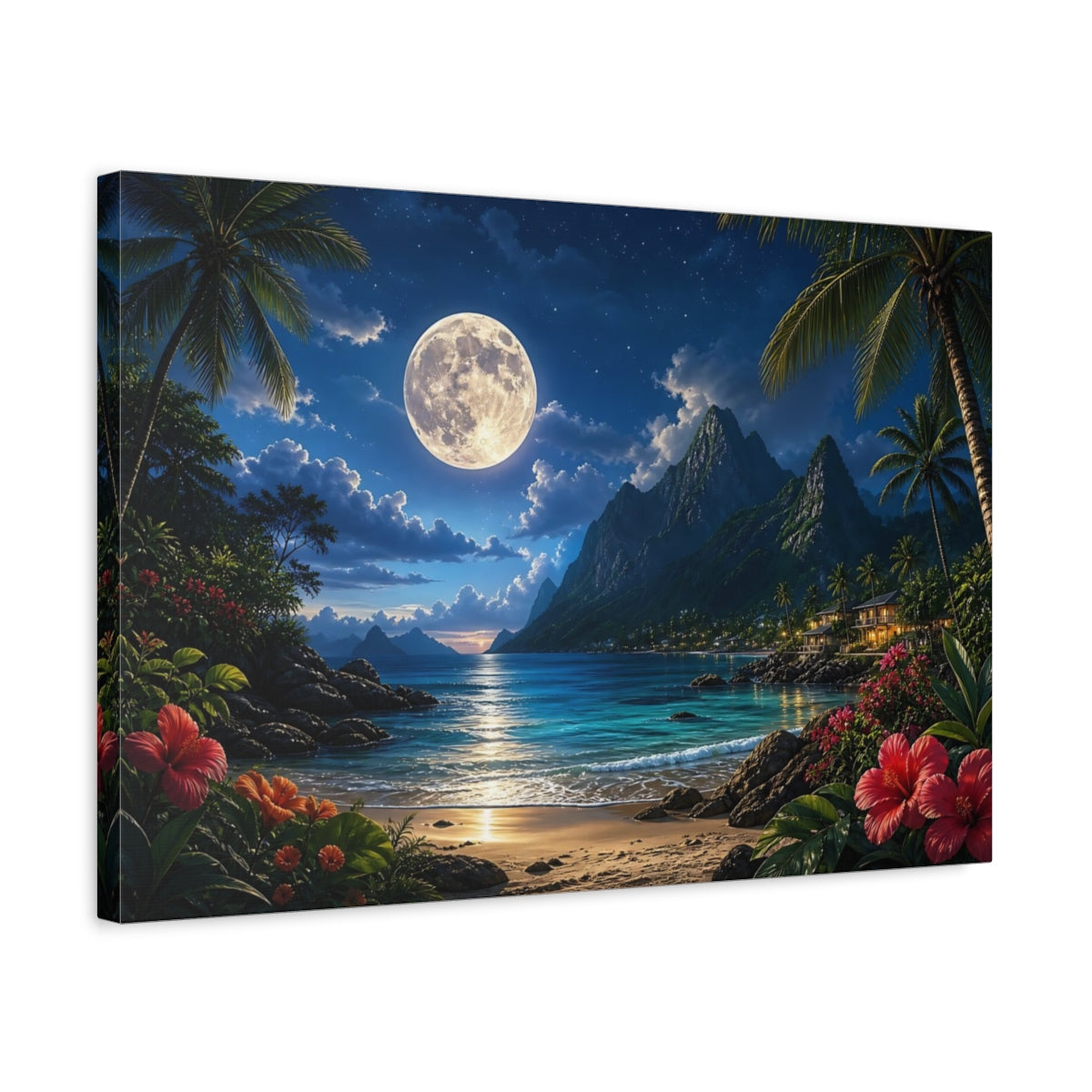 Side Mockup 3. Nature Tropical Beach Moonlit Tropical Beach shown as canvas print