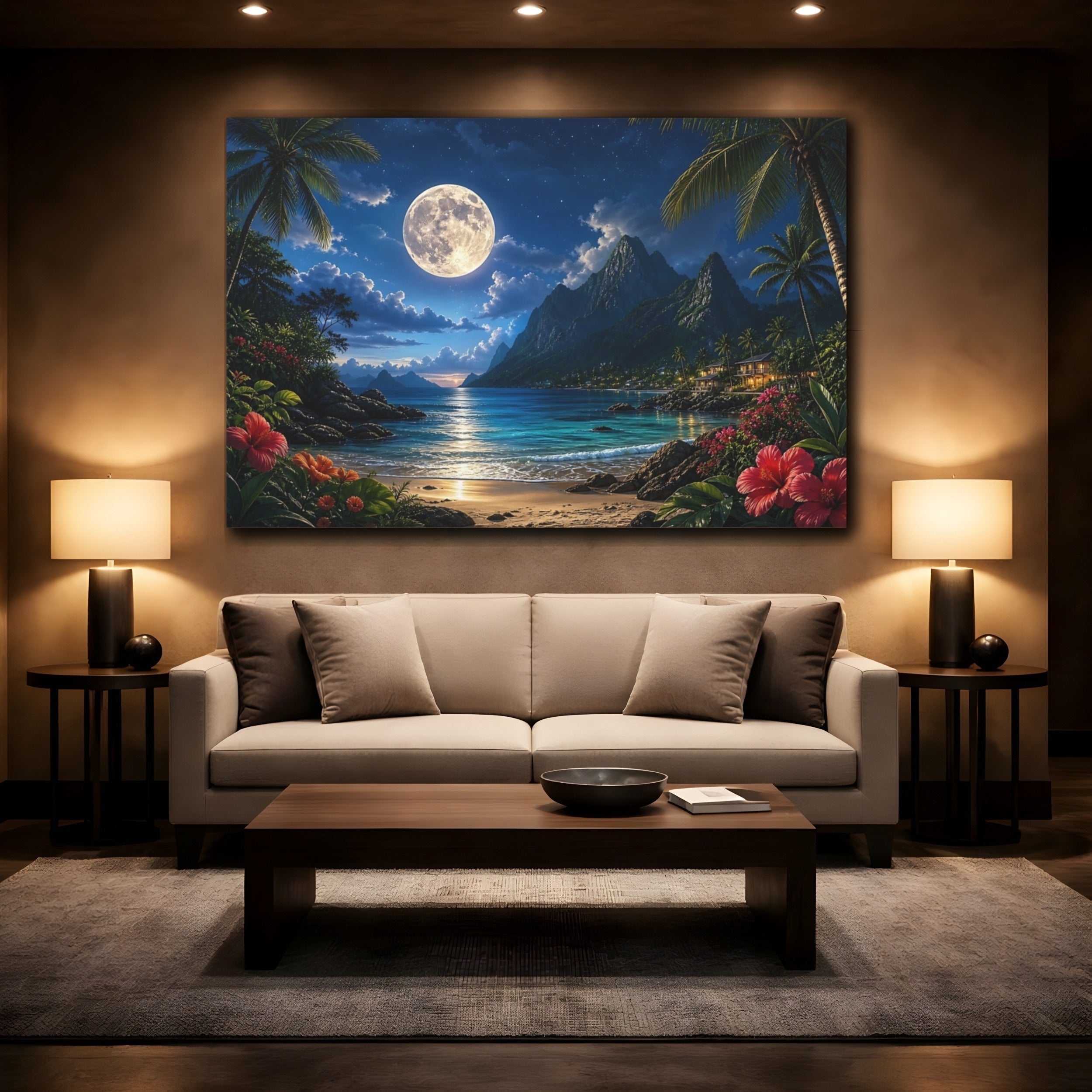 Mockup 2. Nature Tropical Beach Moonlit Tropical Beach shown as canvas print