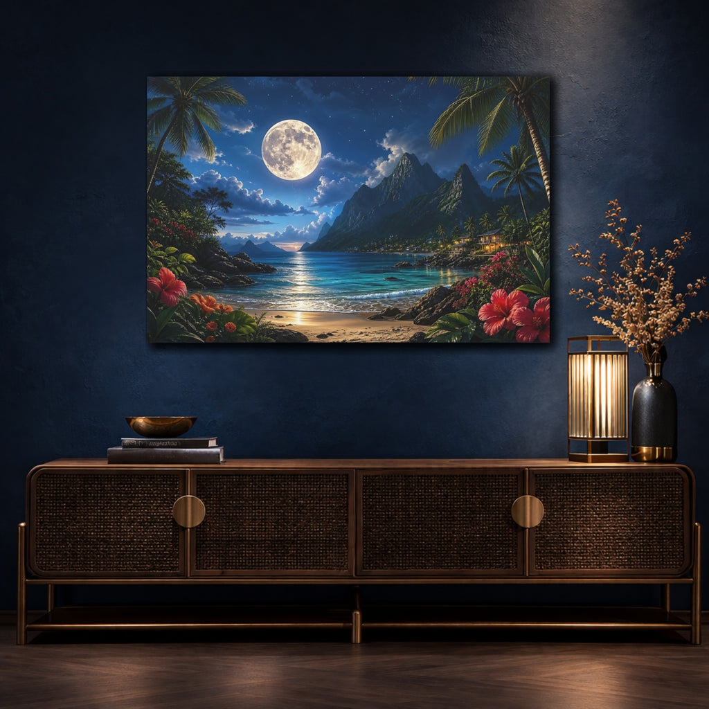 Mockup 4. Nature Tropical Beach Moonlit Tropical Beach shown as canvas print