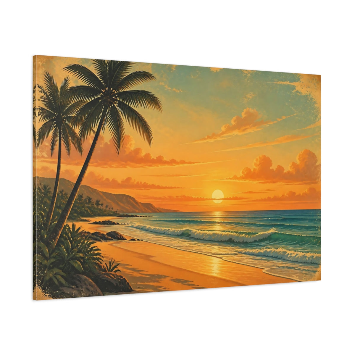 Side Mockup 1. Nature Tropical Beach Orange Beach Sunset shown as canvas print