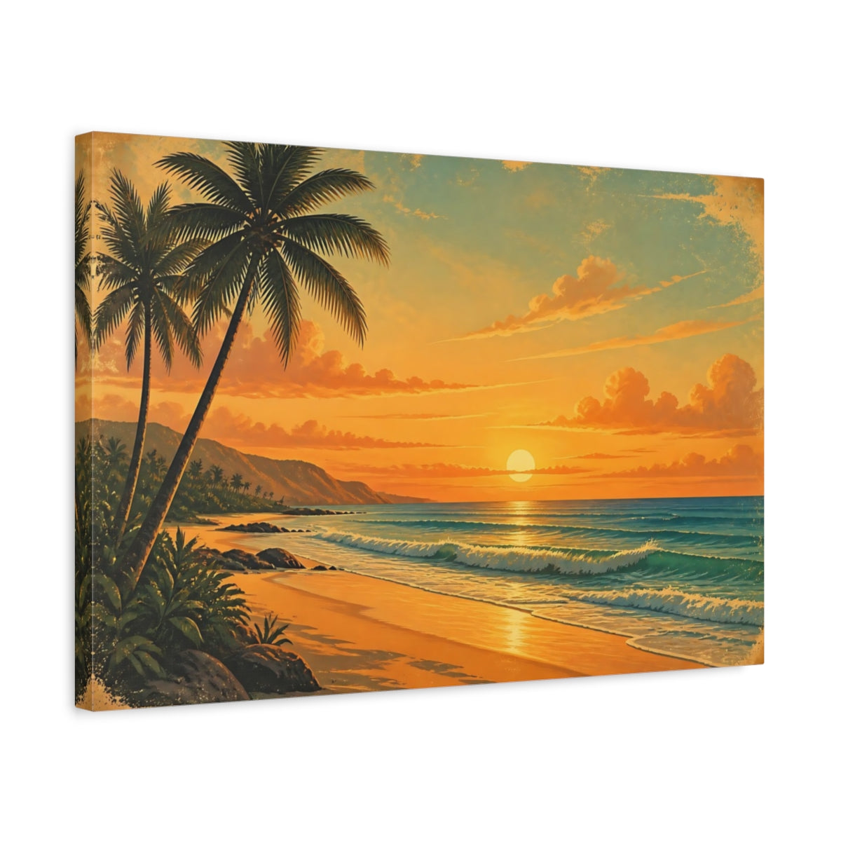 Side Mockup 3. Nature Tropical Beach Orange Beach Sunset shown as canvas print