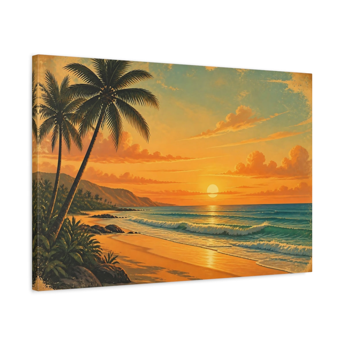 Side Mockup 2. Nature Tropical Beach Orange Beach Sunset shown as canvas print