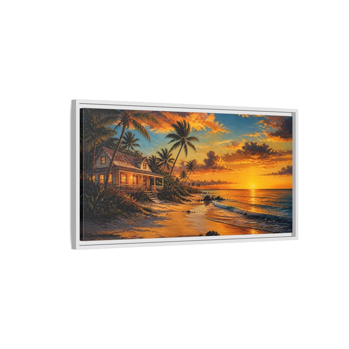 Side Mockup 1. Nature Tropical Beach Tropical Sunset Beach shown as stretched canvas wall art
