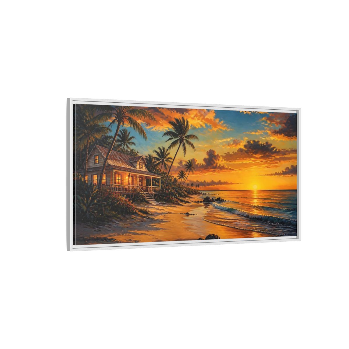 Side Mockup 3. Nature Tropical Beach Tropical Sunset Beach shown as stretched canvas wall art