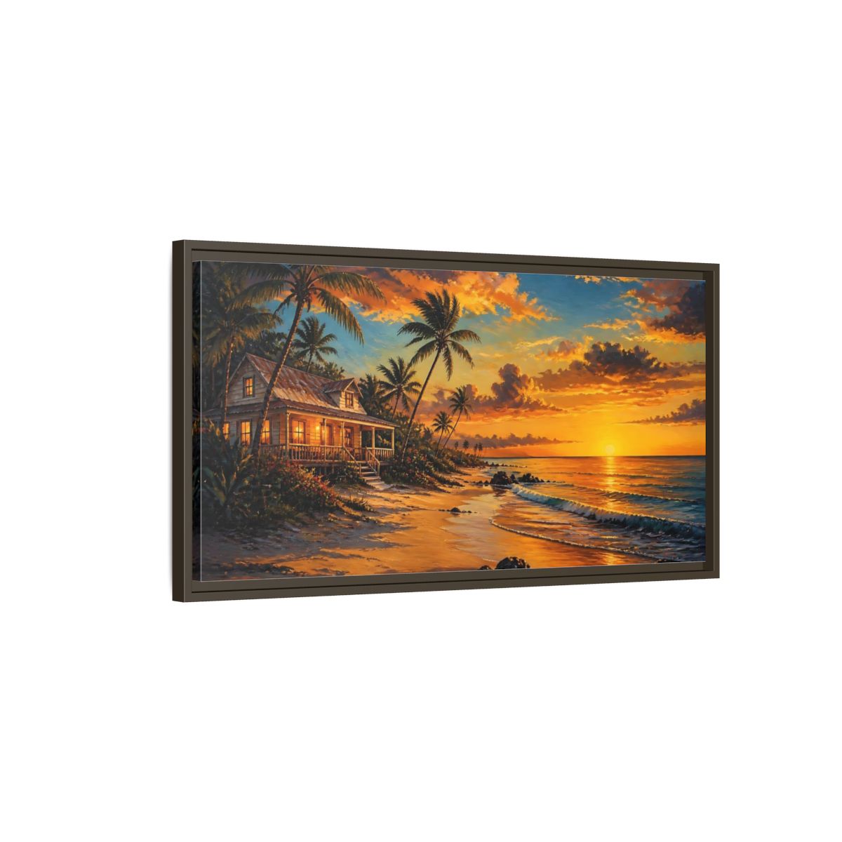 Main Mockup. Nature Tropical Beach Tropical Sunset Beach shown as stretched canvas wall art