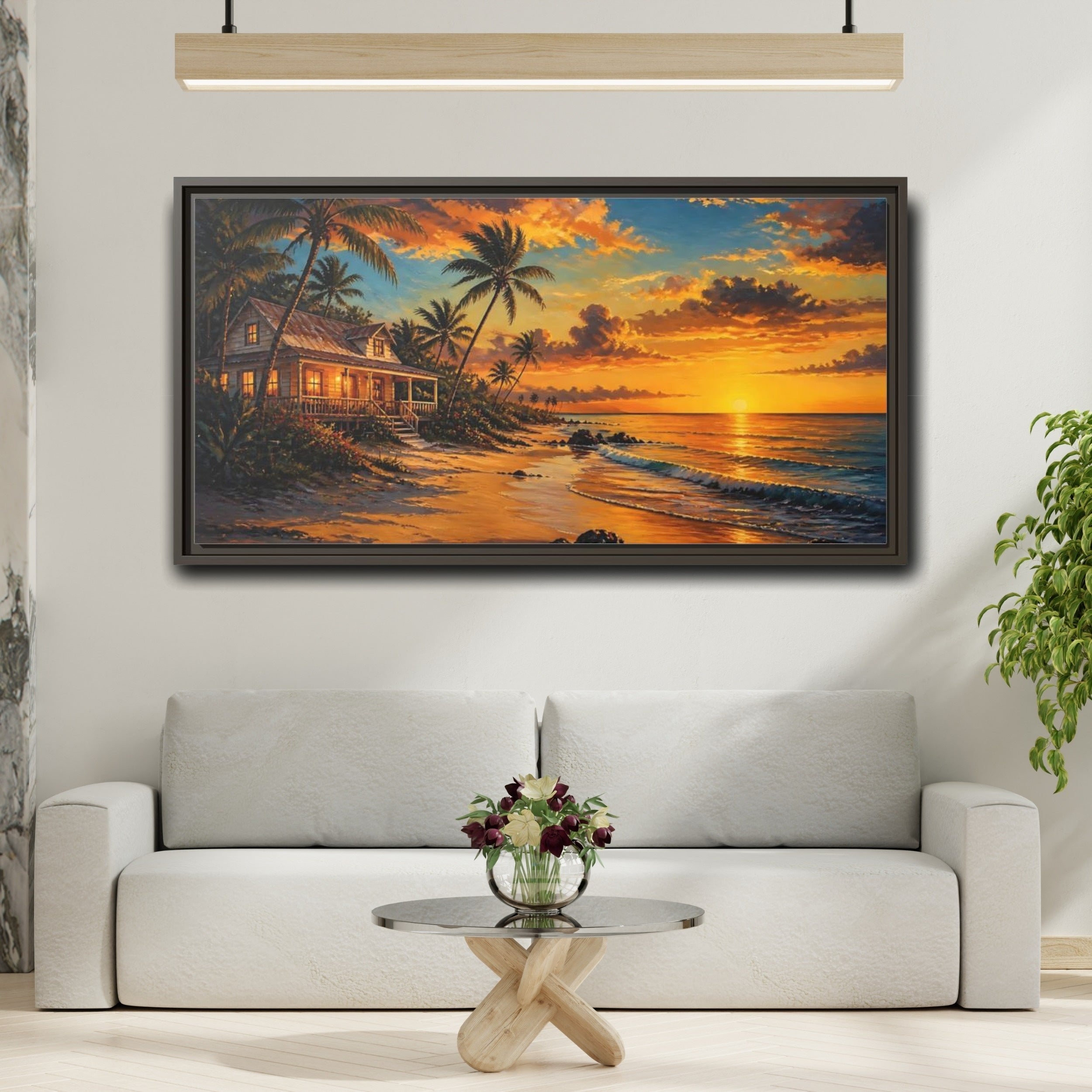 Mockup 2. Nature Tropical Beach Tropical Sunset Beach shown as stretched canvas wall art