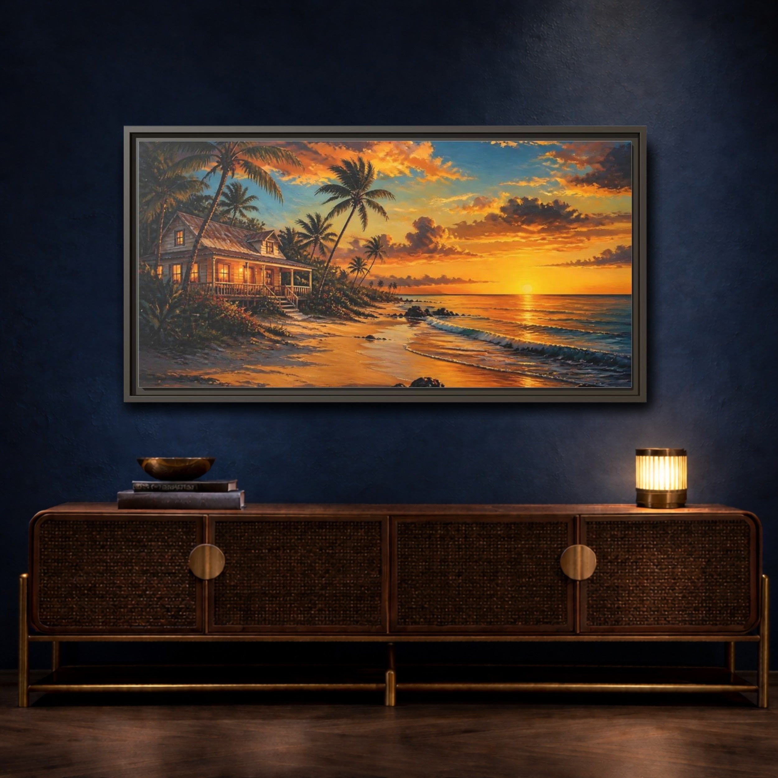 Mockup 4. Nature Tropical Beach Tropical Sunset Beach shown as stretched canvas wall art