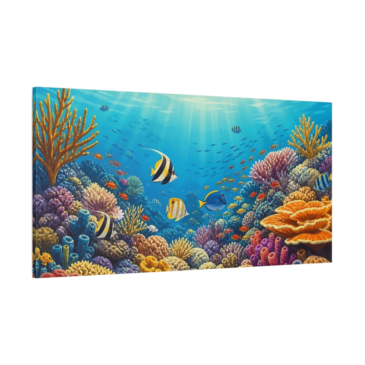Side Mockup 2. Nature Tropical Fish Blue And Colorful shown as stretched canvas wall art