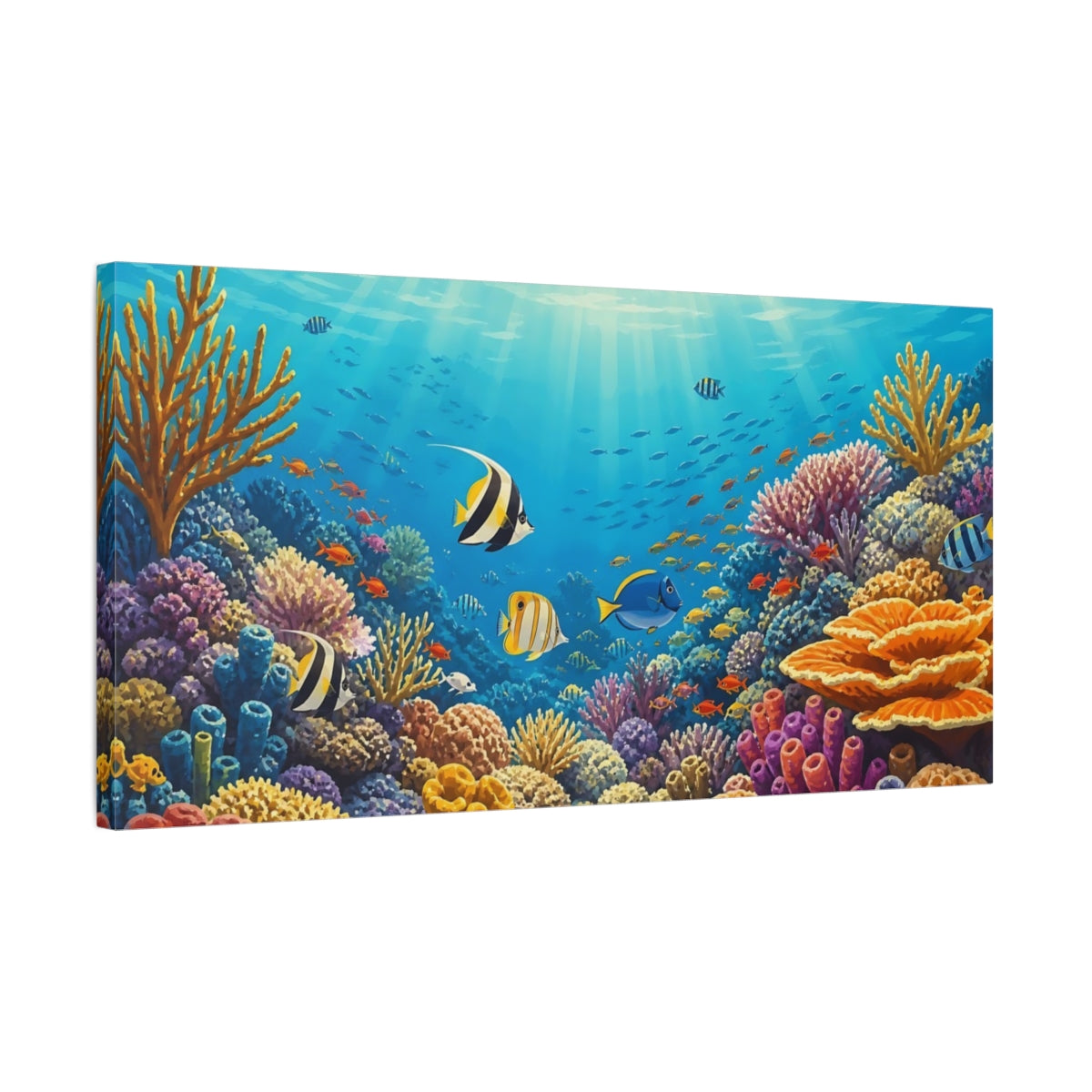 Side Mockup 1. Nature Tropical Fish Blue And Colorful shown as stretched canvas wall art