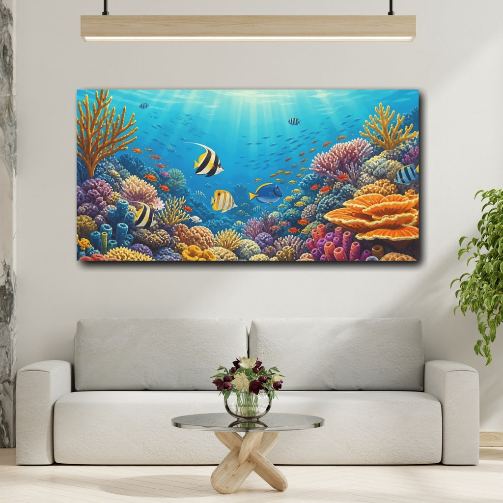 Mockup 2. Nature Tropical Fish Blue And Colorful shown as stretched canvas wall art