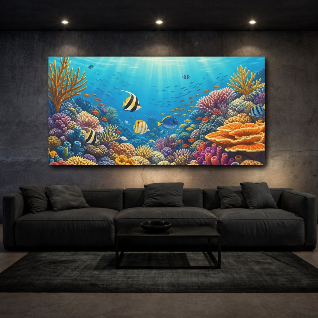 Mockup 3. Nature Tropical Fish Blue And Colorful shown as stretched canvas wall art